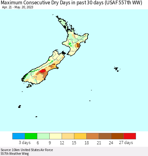 New Zealand Maximum Consecutive Dry Days in past 30 days (USAF 557th WW) 05/20/2023 Thematic Map For 5/16/2023 - 5/20/2023