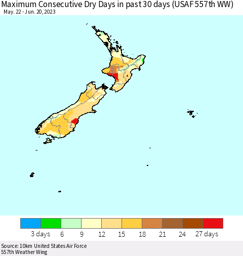 New Zealand Maximum Consecutive Dry Days in past 30 days (USAF 557th WW) 06/20/2023 Thematic Map For 6/16/2023 - 6/20/2023