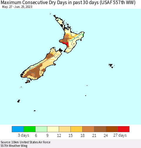 New Zealand Maximum Consecutive Dry Days in past 30 days (USAF 557th WW) 06/25/2023 Thematic Map For 6/21/2023 - 6/25/2023