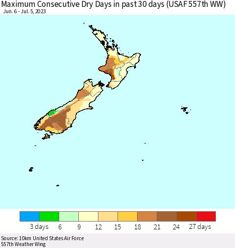 New Zealand Maximum Consecutive Dry Days in past 30 days (USAF 557th WW) 07/05/2023 Thematic Map For 7/1/2023 - 7/5/2023