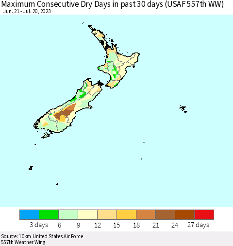 New Zealand Maximum Consecutive Dry Days in past 30 days (USAF 557th WW) 07/20/2023 Thematic Map For 7/16/2023 - 7/20/2023