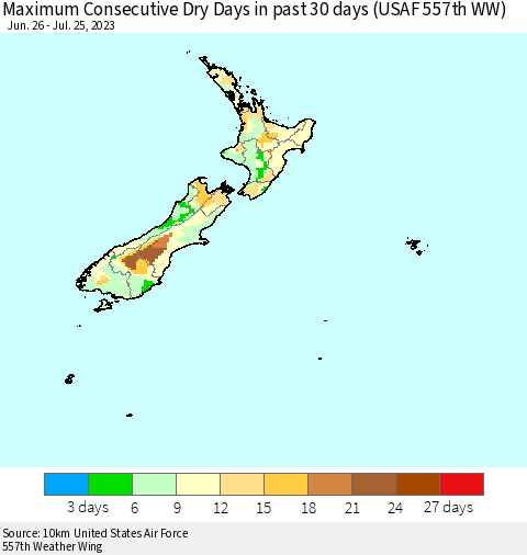 New Zealand Maximum Consecutive Dry Days in past 30 days (USAF 557th WW) 07/25/2023 Thematic Map For 7/21/2023 - 7/25/2023