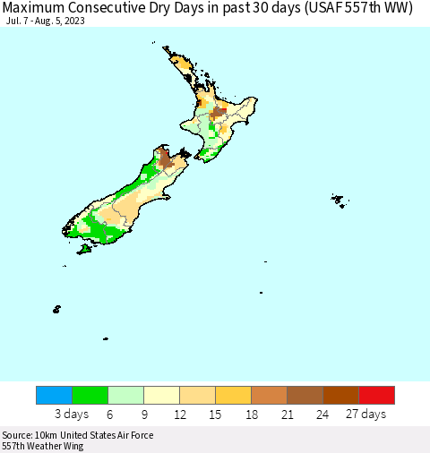 New Zealand Maximum Consecutive Dry Days in past 30 days (USAF 557th WW) 08/05/2023 Thematic Map For 8/1/2023 - 8/5/2023