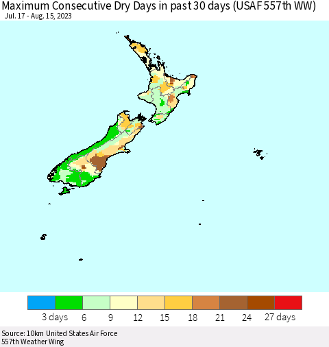 New Zealand Maximum Consecutive Dry Days in past 30 days (USAF 557th WW) 08/15/2023 Thematic Map For 8/11/2023 - 8/15/2023