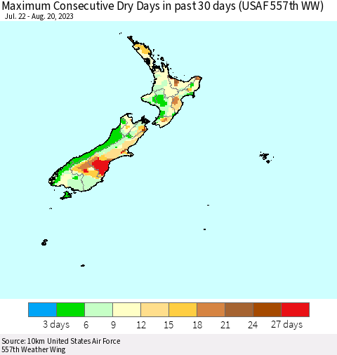 New Zealand Maximum Consecutive Dry Days in past 30 days (USAF 557th WW) 08/20/2023 Thematic Map For 8/16/2023 - 8/20/2023