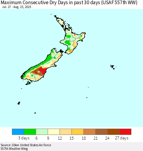 New Zealand Maximum Consecutive Dry Days in past 30 days (USAF 557th WW) Thematic Map For 8/21/2023 - 8/25/2023