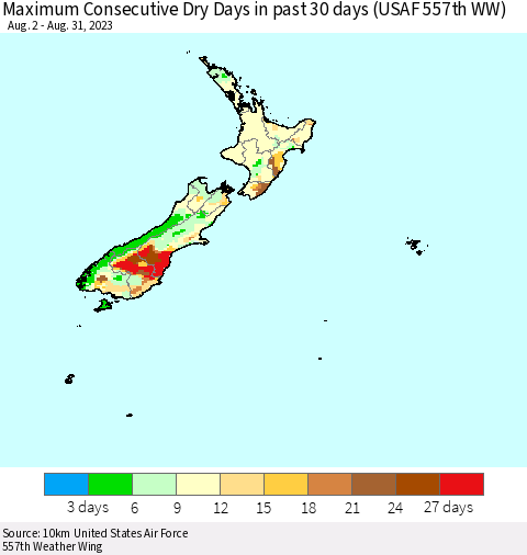 New Zealand Maximum Consecutive Dry Days in past 30 days (USAF 557th WW) 08/31/2023 Thematic Map For 8/26/2023 - 8/31/2023