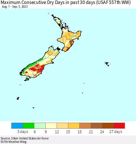 New Zealand Maximum Consecutive Dry Days in past 30 days (USAF 557th WW) 09/05/2023 Thematic Map For 9/1/2023 - 9/5/2023