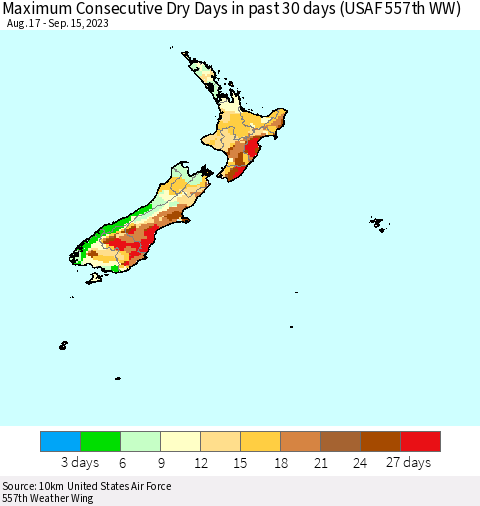 New Zealand Maximum Consecutive Dry Days in past 30 days (USAF 557th WW) 09/15/2023 Thematic Map For 9/11/2023 - 9/15/2023