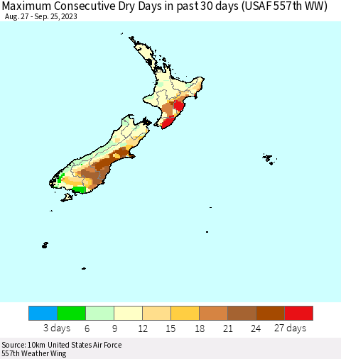 New Zealand Maximum Consecutive Dry Days in past 30 days (USAF 557th WW) 09/25/2023 Thematic Map For 9/21/2023 - 9/25/2023