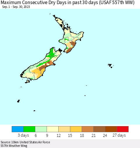 New Zealand Maximum Consecutive Dry Days in past 30 days (USAF 557th WW) 09/30/2023 Thematic Map For 9/26/2023 - 9/30/2023