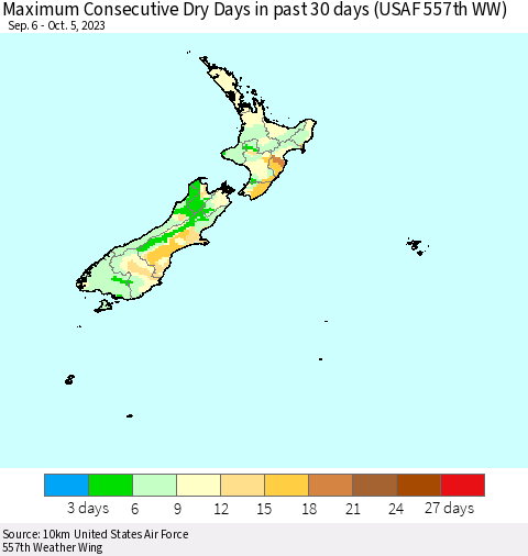 New Zealand Maximum Consecutive Dry Days in past 30 days (USAF 557th WW) 10/05/2023 Thematic Map For 10/1/2023 - 10/5/2023