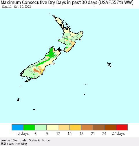 New Zealand Maximum Consecutive Dry Days in past 30 days (USAF 557th WW) 10/10/2023 Thematic Map For 10/6/2023 - 10/10/2023