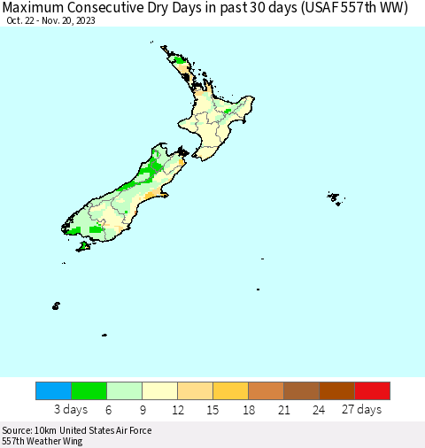 New Zealand Maximum Consecutive Dry Days in past 30 days (USAF 557th WW) 11/20/2023 Thematic Map For 11/16/2023 - 11/20/2023