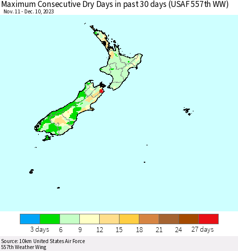 New Zealand Maximum Consecutive Dry Days in past 30 days (USAF 557th WW) 12/10/2023 Thematic Map For 12/6/2023 - 12/10/2023