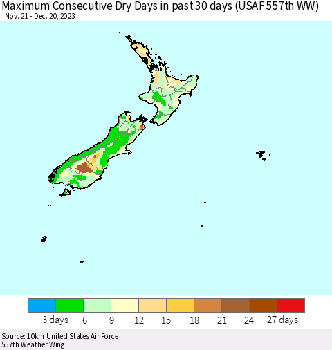 New Zealand Maximum Consecutive Dry Days in past 30 days (USAF 557th WW) 12/20/2023 Thematic Map For 12/16/2023 - 12/20/2023