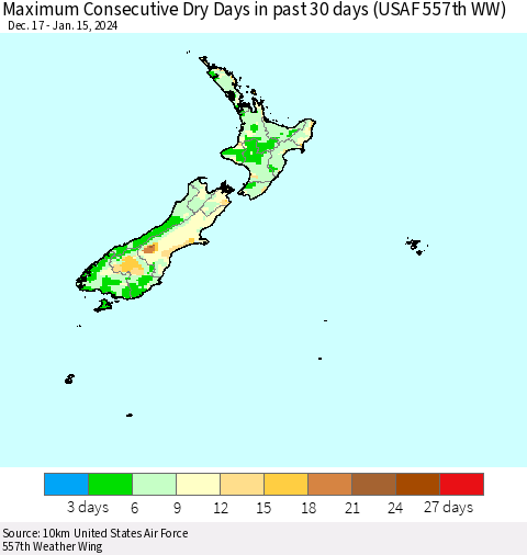 New Zealand Maximum Consecutive Dry Days in past 30 days (USAF 557th WW) 01/15/2024 Thematic Map For 1/11/2024 - 1/15/2024