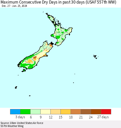 New Zealand Maximum Consecutive Dry Days in past 30 days (USAF 557th WW) 01/25/2024 Thematic Map For 1/21/2024 - 1/25/2024