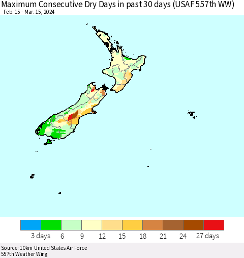 New Zealand Maximum Consecutive Dry Days in past 30 days (USAF 557th WW) 03/15/2024 Thematic Map For 3/11/2024 - 3/15/2024