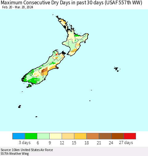 New Zealand Maximum Consecutive Dry Days in past 30 days (USAF 557th WW) 03/20/2024 Thematic Map For 3/16/2024 - 3/20/2024