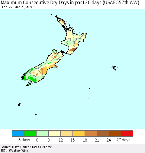 New Zealand Maximum Consecutive Dry Days in past 30 days (USAF 557th WW) 03/25/2024 Thematic Map For 3/21/2024 - 3/25/2024