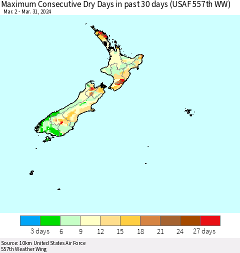 New Zealand Maximum Consecutive Dry Days in past 30 days (USAF 557th WW) 03/31/2024 Thematic Map For 3/26/2024 - 3/31/2024