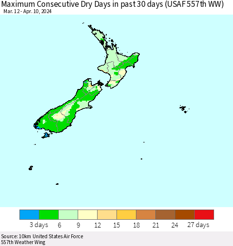 New Zealand Maximum Consecutive Dry Days in past 30 days (USAF 557th WW) 04/10/2024 Thematic Map For 4/6/2024 - 4/10/2024