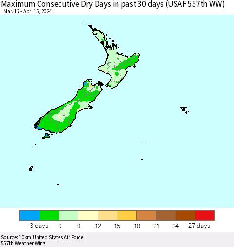 New Zealand Maximum Consecutive Dry Days in past 30 days (USAF 557th WW) 04/15/2024 Thematic Map For 4/11/2024 - 4/15/2024