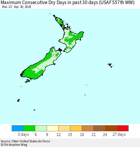 New Zealand Maximum Consecutive Dry Days in past 30 days (USAF 557th WW) Thematic Map For 4/16/2024 - 4/20/2024