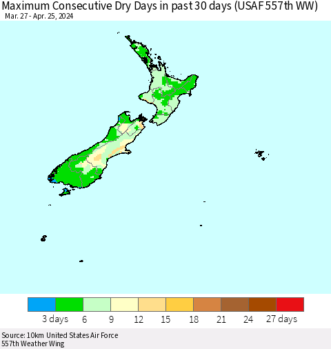 New Zealand Maximum Consecutive Dry Days in past 30 days (USAF 557th WW) 04/25/2024 Thematic Map For 4/21/2024 - 4/25/2024