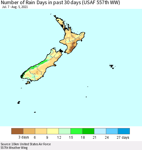 New Zealand Number of Rain Days in past 30 days (USAF 557th WW) 08/05/2021 Thematic Map For 8/1/2021 - 8/5/2021