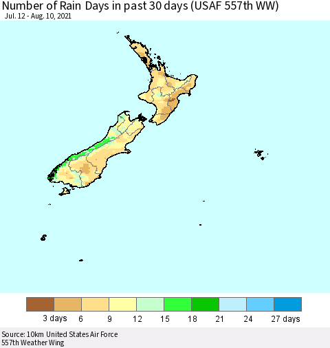 New Zealand Number of Rain Days in past 30 days (USAF 557th WW) 08/10/2021 Thematic Map For 8/6/2021 - 8/10/2021