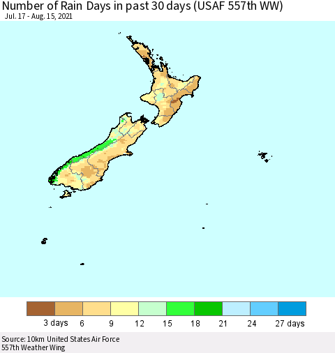 New Zealand Number of Rain Days in past 30 days (USAF 557th WW) 08/15/2021 Thematic Map For 8/11/2021 - 8/15/2021