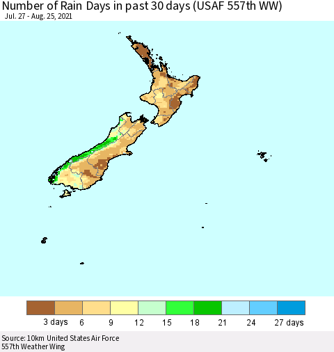 New Zealand Number of Rain Days in past 30 days (USAF 557th WW) 08/25/2021 Thematic Map For 8/21/2021 - 8/25/2021