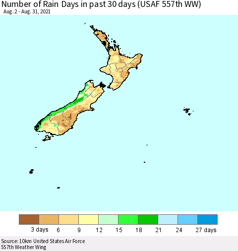 New Zealand Number of Rain Days in past 30 days (USAF 557th WW) 08/31/2021 Thematic Map For 8/26/2021 - 8/31/2021