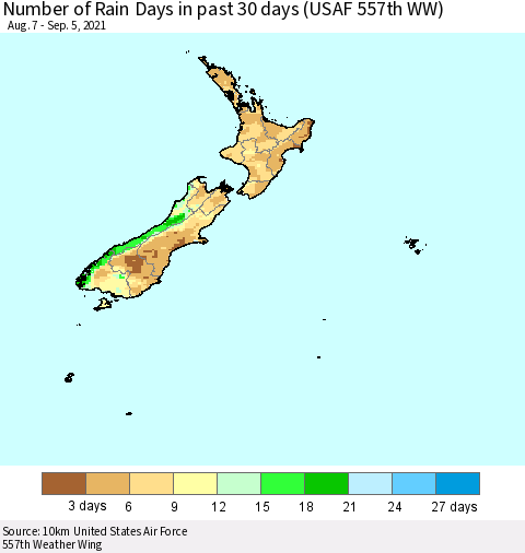 New Zealand Number of Rain Days in past 30 days (USAF 557th WW) 09/05/2021 Thematic Map For 9/1/2021 - 9/5/2021