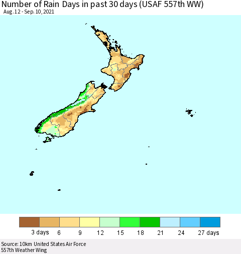 New Zealand Number of Rain Days in past 30 days (USAF 557th WW) 09/10/2021 Thematic Map For 9/6/2021 - 9/10/2021