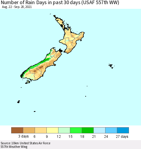 New Zealand Number of Rain Days in past 30 days (USAF 557th WW) 09/20/2021 Thematic Map For 9/16/2021 - 9/20/2021