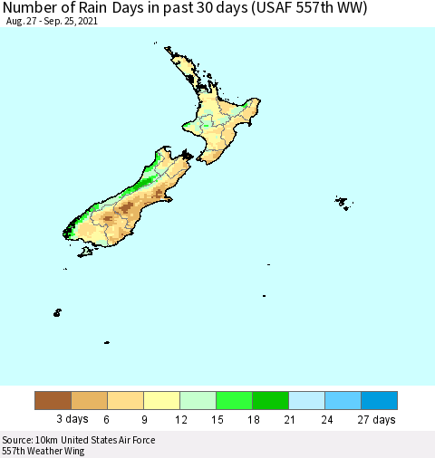 New Zealand Number of Rain Days in past 30 days (USAF 557th WW) 09/25/2021 Thematic Map For 9/21/2021 - 9/25/2021