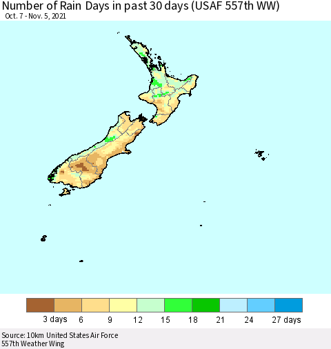 New Zealand Number of Rain Days in past 30 days (USAF 557th WW) 11/05/2021 Thematic Map For 11/1/2021 - 11/5/2021