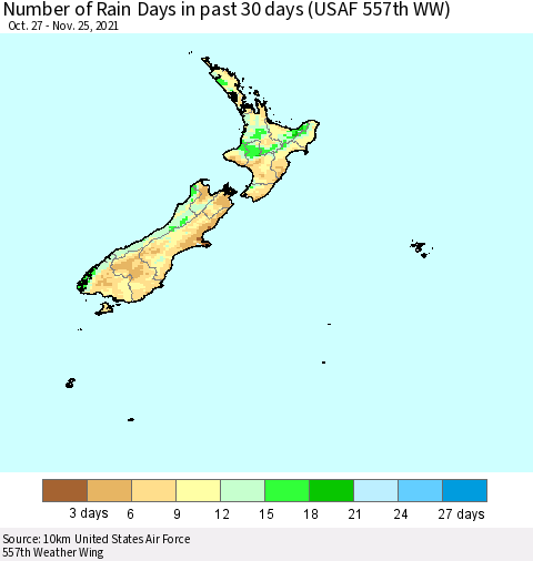 New Zealand Number of Rain Days in past 30 days (USAF 557th WW) 11/25/2021 Thematic Map For 11/21/2021 - 11/25/2021