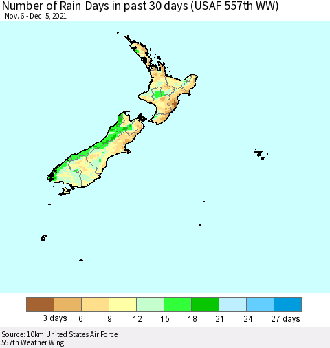 New Zealand Number of Rain Days in past 30 days (USAF 557th WW) 12/05/2021 Thematic Map For 12/1/2021 - 12/5/2021