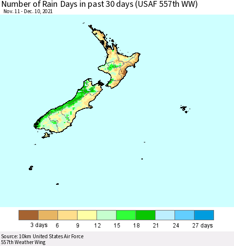 New Zealand Number of Rain Days in past 30 days (USAF 557th WW) 12/10/2021 Thematic Map For 12/6/2021 - 12/10/2021