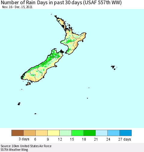New Zealand Number of Rain Days in past 30 days (USAF 557th WW) 12/15/2021 Thematic Map For 12/11/2021 - 12/15/2021