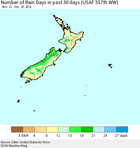 New Zealand Number of Rain Days in past 30 days (USAF 557th WW) 12/20/2021 Thematic Map For 12/16/2021 - 12/20/2021