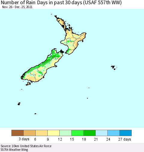 New Zealand Number of Rain Days in past 30 days (USAF 557th WW) 12/25/2021 Thematic Map For 12/21/2021 - 12/25/2021