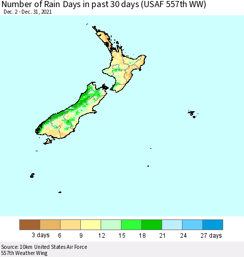New Zealand Number of Rain Days in past 30 days (USAF 557th WW) 12/31/2021 Thematic Map For 12/26/2021 - 12/31/2021