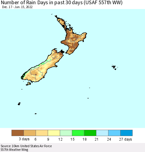 New Zealand Number of Rain Days in past 30 days (USAF 557th WW) 01/15/2022 Thematic Map For 1/11/2022 - 1/15/2022