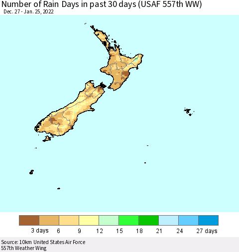 New Zealand Number of Rain Days in past 30 days (USAF 557th WW) 01/25/2022 Thematic Map For 1/21/2022 - 1/25/2022