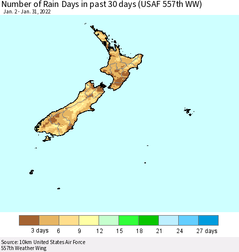 New Zealand Number of Rain Days in past 30 days (USAF 557th WW) 01/31/2022 Thematic Map For 1/26/2022 - 1/31/2022
